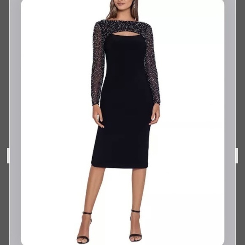 Betsy & Adam Black Midi Dress with Embellished Sheer Sleeves